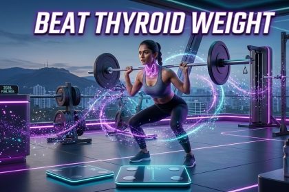 A conceptual illustration of the thyroid gland interacting with metabolic energy symbols."