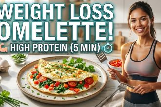A fluffy, yellow-tinted egg white omelette folded on a white plate, filled with vibrant red and green bell peppers and fresh spinach."